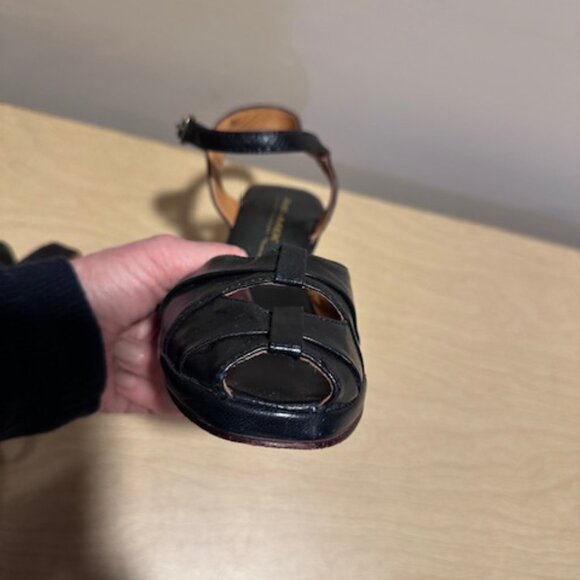 Re-mix Pleated Toe Vintage Style Black Leather Sandal Wedge Peep Toe - Picture 11 of 12